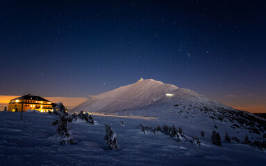 view on Sniezka mountain at night with stars sky in Giant mountains  - 727122806