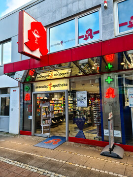 Kiel, Germany - 02. February 2024: The entrance to an Aesculap pharmacy in a German shopping street