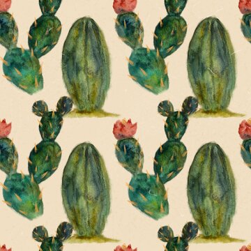 Seamless pattern with watercolor cacti on a light background