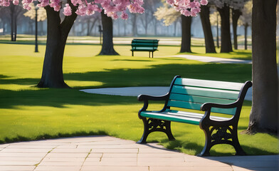 Empty park bench on a vibrant spring day, grass and blooming flowers surrounding, warmth of the sun palpable Generative AI