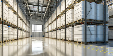 Interior of a modern industrial warehouse with neatly stacked white household containers on shelving, reflecting an organized and spacious storage system.