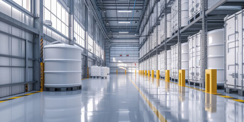Interior of a modern industrial warehouse with neatly stacked white household containers on shelving, reflecting an organized and spacious storage system.