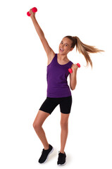 Healthy fitness teen girl in full length doing exercises with dumbbells isolated over white background