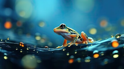 frog on a blue magical background. Generative AI - obrazy, fototapety, plakaty