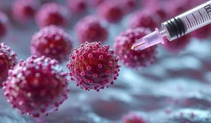 Macro image of a needle being pricked at a cancer cell. Research of cancer diseases, viruses in infected organism , viral disease epidemic, vaccine background.