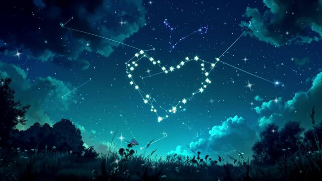 Valentine with a starry night sky,loop video background animation, cartoon anime style, for vtuber / streamer backdrop