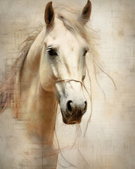 Beautiful Line Pencil Style Horse Sketch with Horses Head and Mane Dancing in the Wind - On Beige/Cream Canvas Background with Aged Vintage Effect - Southwestern Art Aesthetic