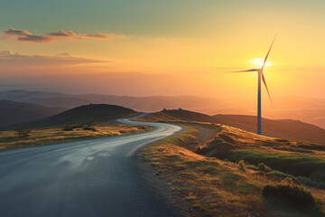 A wind generator splutters next to an empty road that is winding down.