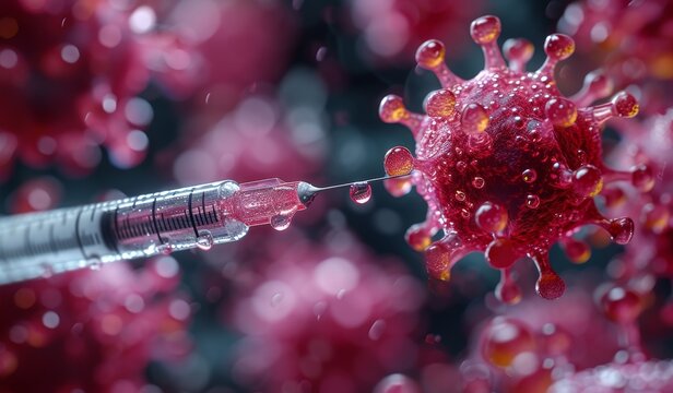 Macro image of a needle being pricked at a cancer cell. Research of cancer diseases, viruses in infected organism , viral disease epidemic, vaccine background.