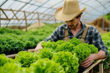 Eco-friendly Greenhouse Farmer with Organic Lettuce Harvest