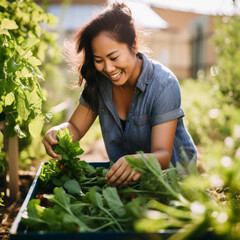 Obraz premium lifestyle photo Asian American picking veggies from a garden.