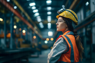 A young female engineer with a vigilant gaze oversees the operations on a factory floor, adorned in a yellow hard hat and safety vest. - obrazy, fototapety, plakaty