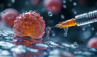 Macro image of a needle being pricked at a cancer cell. Research of cancer diseases, viruses in infected organism , viral disease epidemic, vaccine background. - obrazy, fototapety, plakaty