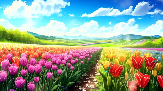 Vibrant tulip fields in full bloom with butterfly. Seamless looping 4k time-lapse virtual video animation background