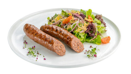Grilled sausages with salad on plate isolated on transparent background