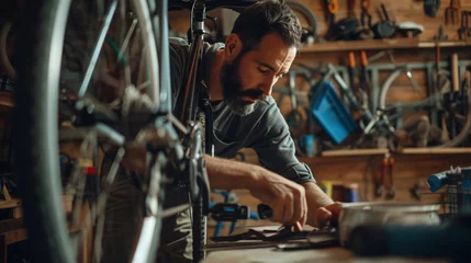 Fototapeten A skilled man passionately repairs a vintage bicycle in his well-equipped garage workshop, bringing new life to the classic ride. © stocker