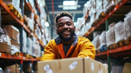 Fototapeta premium Handsome Male Worker Wearing Hard Hat Holding Cardboard Box Walking Through Retail Warehouse full of Shelves with Goods.