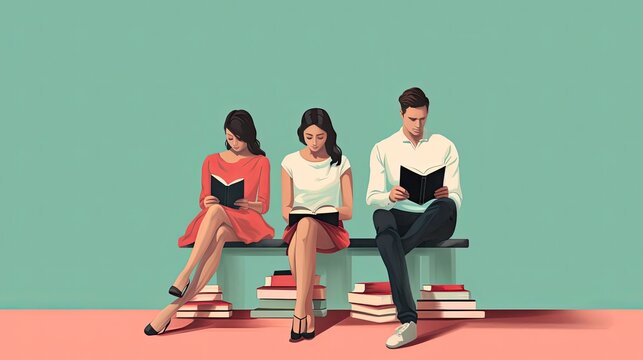 a woman and man reading books