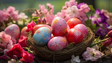 Fototapeta na wymiar easter eggs in a basket, red eggs and different colours, painted eggs, manually painted, easter holliday, celebration, easter decoration, best selling, pink eggs