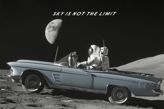 A car and an astronaut on the moon, the sky is not limit text