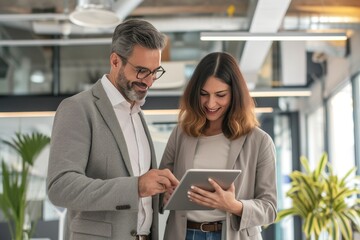 Professional business couple in office using tablet. Businessman and businesswoman looking at financial results at the office.