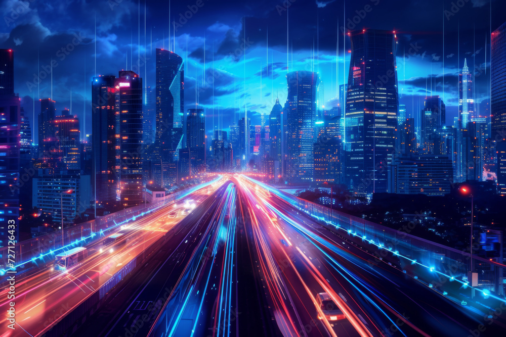 Wall mural modern transportation technology concept cloud data grid in the city night.