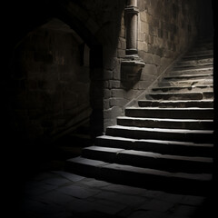 Dark stone stairway in the castle created with Generative AI technology