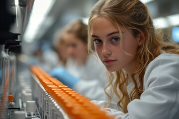 Closeup portrait, young scientist in labcoat wearing nitrile gloves, doing experiments in lab, academic sector.
