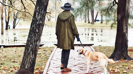 Fototapeta premium Sunny Park Stroll: A Happy Day at the Park, with a Man Walking His Dog Under the Bright Sunshine