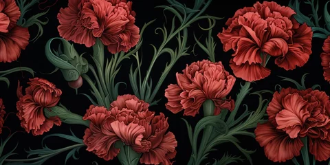 Gordijnen Vintage retro carnation red flowers bloom blossom pattern texture background. Foliage nature drawing painting © Graphic Warrior