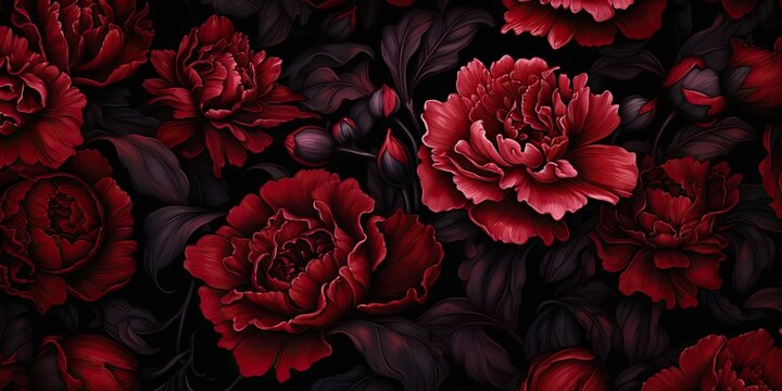 Vintage retro carnation red flowers bloom blossom pattern texture background. Foliage nature drawing painting