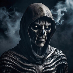 portrait of a scary skeleton in a hood with smoke. mist close-up, portrait. Dark silhouette of paranormal being, Halloween theme