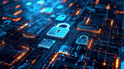 Obraz premium Digital Guardians: Laptop Security Signs Amid Lock Symbol