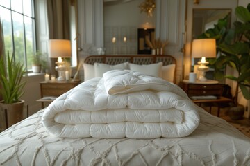 Fototapeta na wymiar White duvet is lying on top of a bed