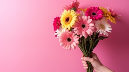 hand holding a bouquet of colorful flowers against a pink background with copy space.