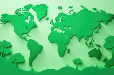 A green-toned 3D world map with paper cut-out style continents and trees, representing a concept of eco-friendliness and global environmental awareness