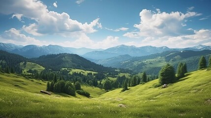 Fototapeta na wymiar realistic photo of a beautiful summer afternoon in the mountains. trees on the hill with green leaves. sunny weather with fluffy clouds in the sky. generative ai