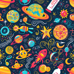 Playful Seamless Pattern Illustration for Kids - Exploring Scientific Concepts with Colorful Creativity and Educational Fun