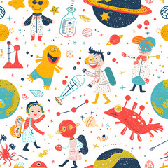 Playful Seamless Pattern Illustration for Kids - Exploring Scientific Concepts with Colorful Creativity and Educational Fun