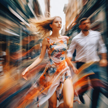 Motion Blurred Couple on Shopping Street