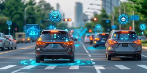 Fototapeta na wymiar Revolutionizing Urban Travel: Autonomous Cars Navigate Through a Digitally Connected Smart City Landscape, Generative AI