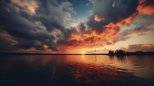 realistic photo of beautiful cloudy atmosphere at sunset on the lake. generative ai