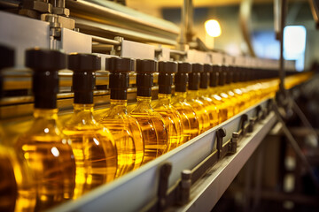 Sunflower oil in the bottles moving on production line