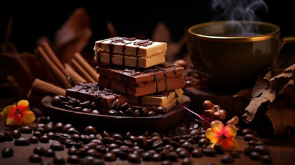 coffee and chocolate, fresh roasted coffee beans, black and white chocolate, cappuccino and sweets,...
