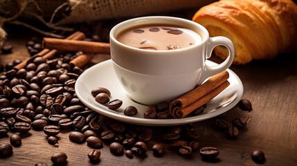 cup of coffee with beans and pastry, croissant, coffee and sweets, italian breakfast, french breakfast, snack, roasted coffee beans, best selling