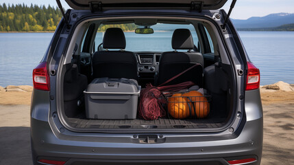 Car trunk is packed with suitcases and bags, all set for the holiday departure, generative ai