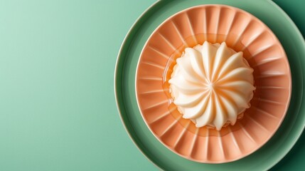 Top view of a beautifully presented dessert on a stylish orange plate with a pastel background, ideal for food photography.