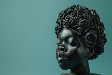 A majestic statue carved from ebony, depicting a black woman with a regal afro, symbolizing strength and beauty throughout the ages. isolated on solid background. copy space