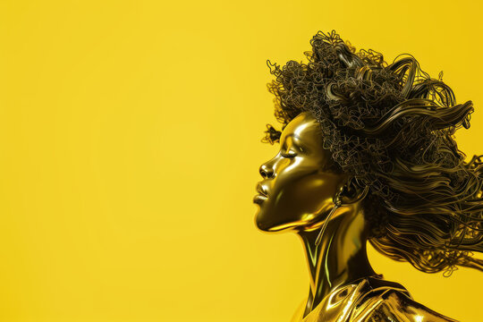 A precious metal statue, Golden statue illustrating a black woman with her afro hair flowing freely, representing freedom and independence. isolated on solid background. copy space