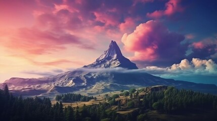 realistic photo Extraordinary beautiful mountain nature in beautiful hills, colorful forest sky. generative ai
